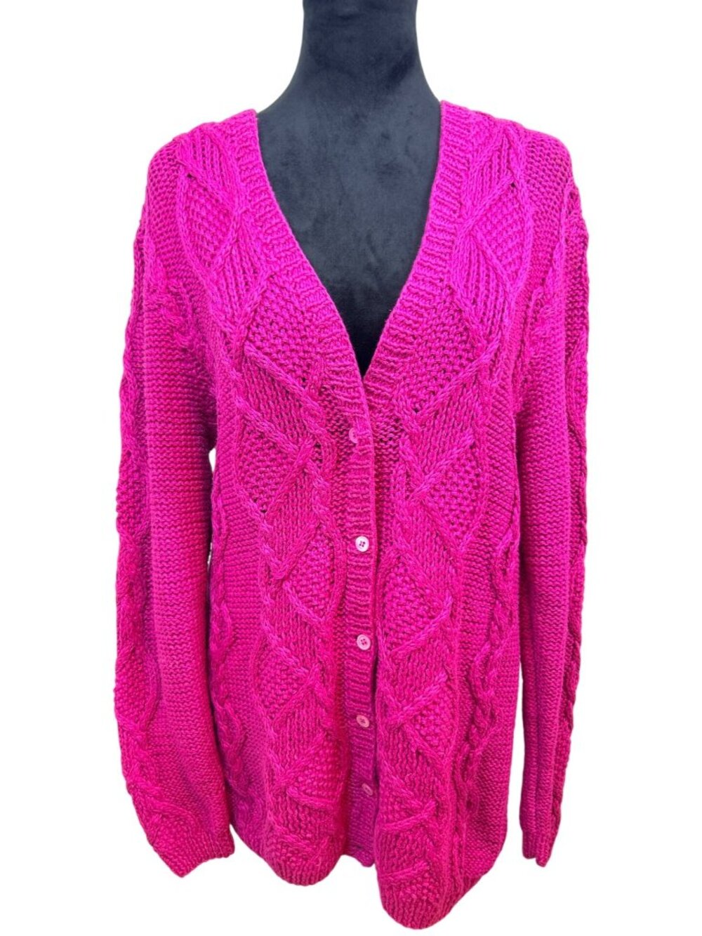 Vintage Lauren Hansen Size S Hand Knit Raspberry Pink Cable Knit Cardigan Cozy - Picture 14 of 16